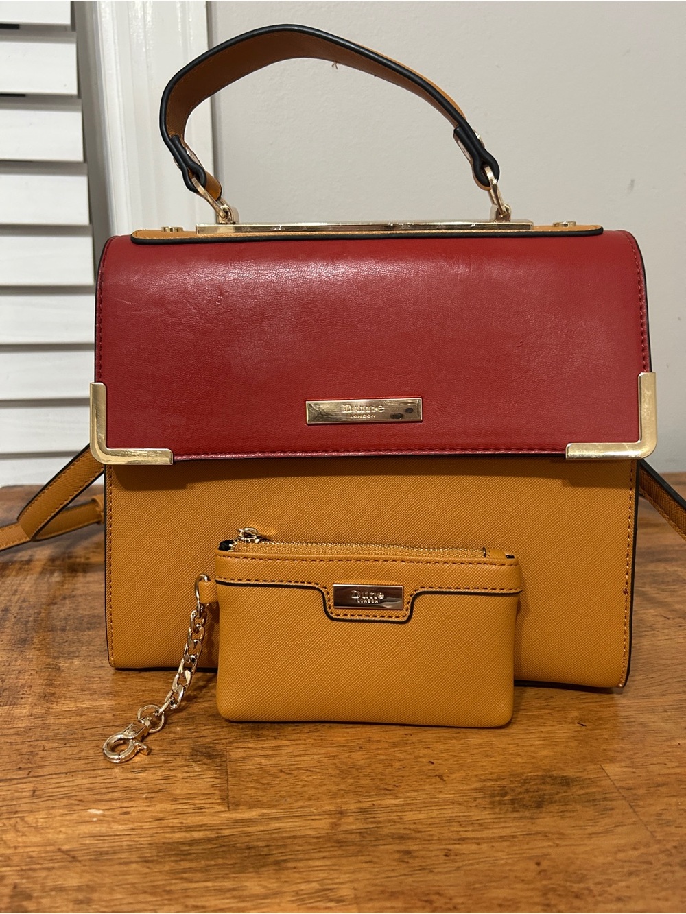 Dune of London Two-Tone Red and Mustard Top-Handle Women’s Bag with Coin Pouch